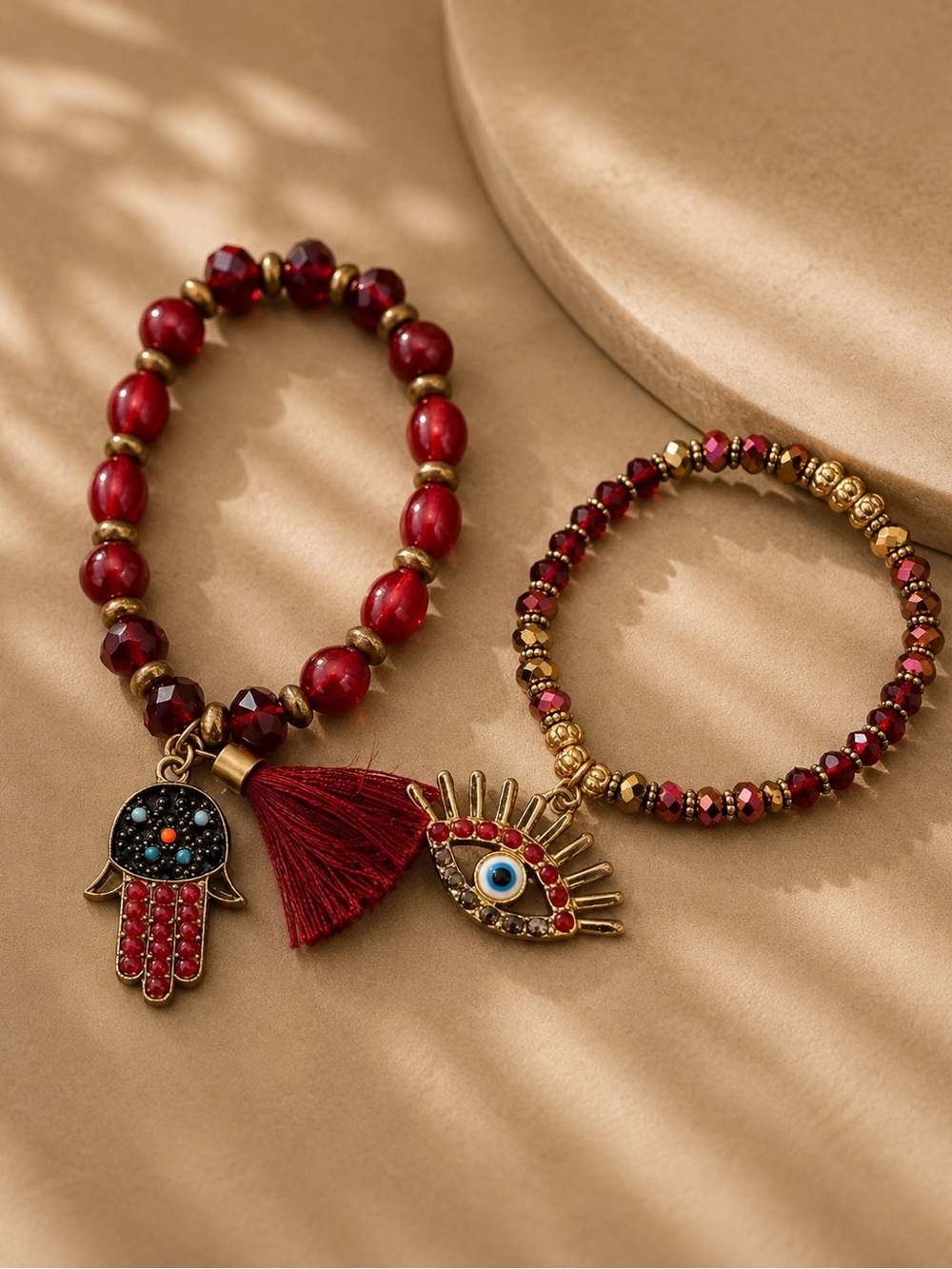 Japanese Vintage Red Evil Eye Hamsa Bracelet Set Tassel Beaded Boho Jewelry